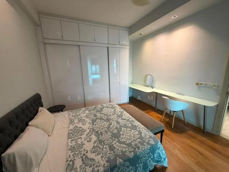 Bedroom features: queen-size bed with upholstered headboard, white bedding with floral pattern, built-in wardrobe with sliding doors, wooden flooring, study desk with mirror, white chair, wall-mounted lighting, neutral painted walls; style: modern.