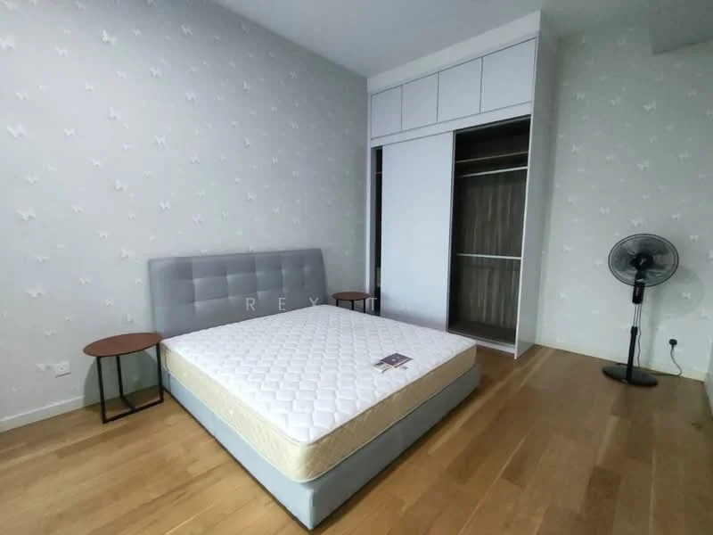 Bedroom features: queen-size bed, upholstered headboard in grey, wooden flooring, built-in wardrobe with sliding doors, two side tables, table lamps, wall-mounted fan, light-colored wallpaper with butterfly pattern; style: modern.