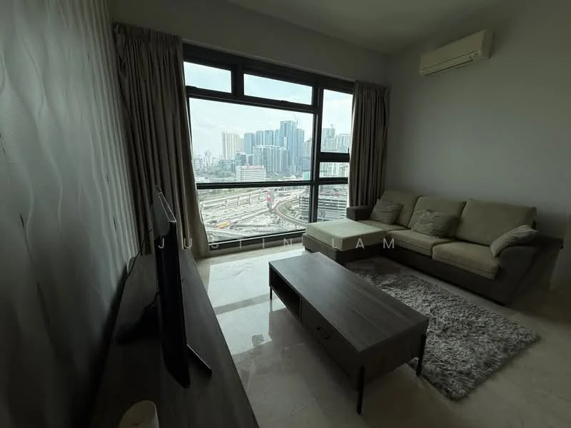 Living features: floor-to-ceiling windows, beige fabric sofa, coffee table, TV console, area rug, marble flooring, curtains, wall-mounted air conditioning unit; style: modern; view: city.