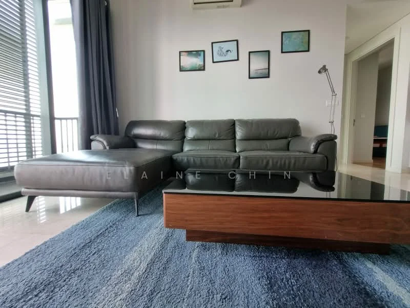 Living features: 3-seater leather sofa in dark grey, sectional sofa with chaise, glass coffee table with wooden base, area rug in blue, floor-to-ceiling windows, blackout curtains, wall-mounted artwork, recessed downlights, air conditioning unit; style: modern.