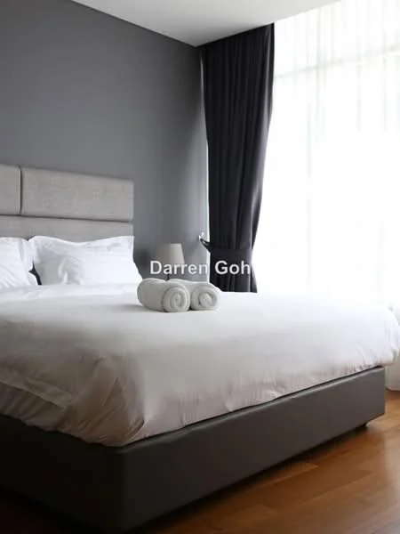Bedroom features: king-size bed, upholstered headboard, white bedding, dark grey accent wall, floor-to-ceiling windows, sheer curtains, wooden flooring, rolled towels on bed; style: modern.