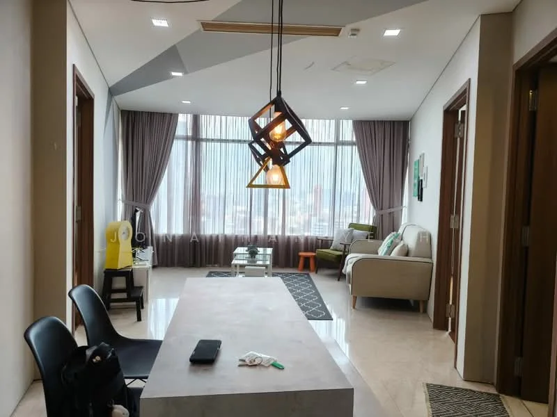 Living features: marble tile flooring, white painted walls, tray ceiling with recessed lighting, large floor-to-ceiling windows with sheer curtains, 3-blade ceiling fan, modern pendant light fixture, 2-seater fabric sofa in light grey, 1 armchair with green upholstery, coffee table with a rectangular top, decorative area rug with geometric pattern, TV console, wall-mounted TV; style: modern; view: city.