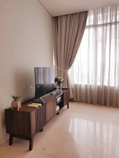 Living features: floor-to-ceiling windows, sheer curtains, light brown wooden TV console, wall-mounted TV, decorative plant on console, vase with flowers on console, cream painted walls, marble flooring; style: modern.
