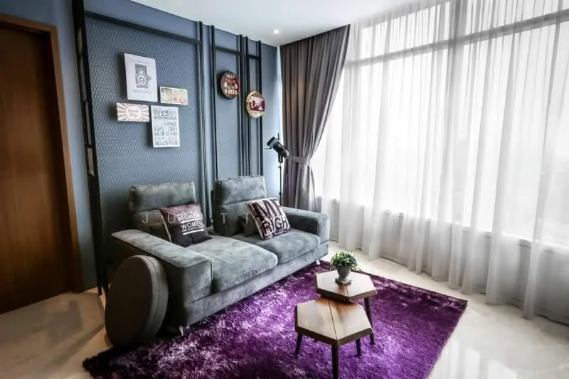 Living features: grey fabric 3-seater sofa, decorative cushions, purple area rug, wooden coffee table, floor-to-ceiling windows, sheer curtains, dark accent wall with geometric pattern, wall art and decor, lampshade floor lamp, marble tile flooring; style: modern; view: city.