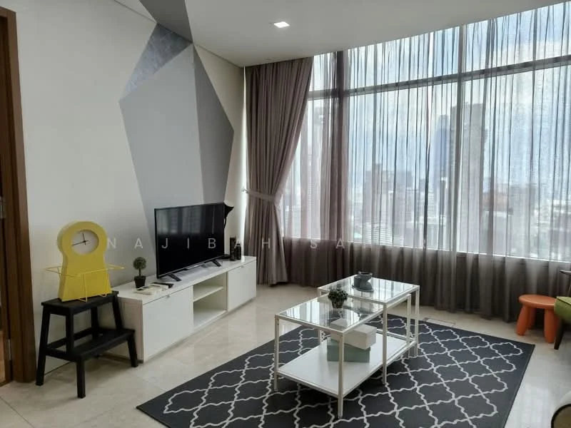Living features: floor-to-ceiling windows, grey curtains, white painted walls, marble flooring, black area rug with geometric pattern, white TV console, wall-mounted TV, glass coffee table, decorative clock, green plant in pot, small side table, orange stool; style: modern; view: city.