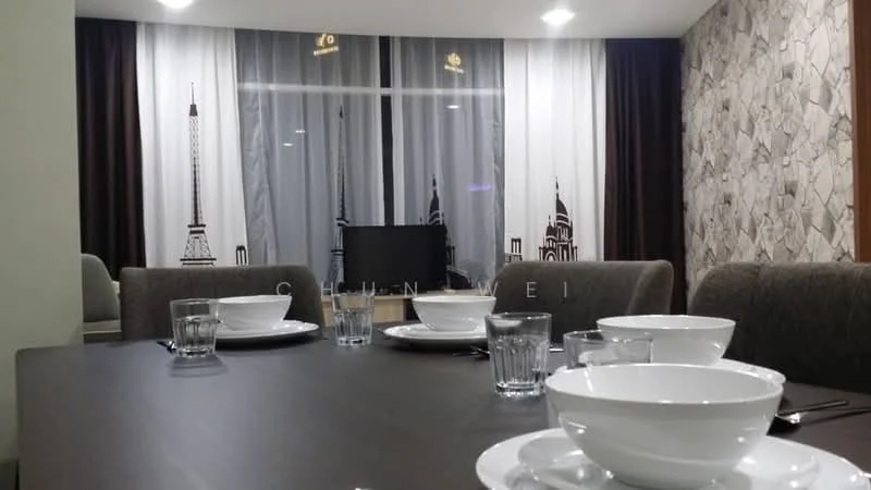 Dining features: dining table with dark wood finish, 4 white ceramic bowls on the table, 4 glass water tumblers, grey upholstered dining chairs, decorative wall with stone cladding, floor-to-ceiling windows with sheer and blackout curtains, city skyline printed on curtains, wall-mounted TV, ambient ceiling lights; style: modern; view: city.
