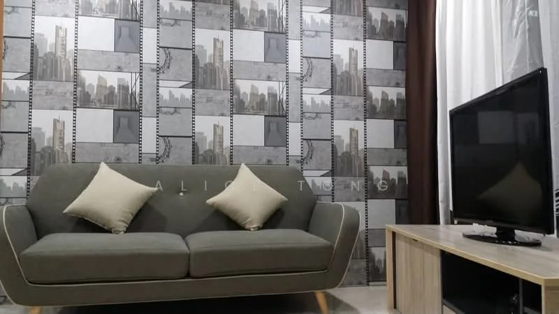Living features: grey fabric 3-seater sofa, two beige throw pillows, wooden TV console, wall-mounted TV, decorative wallpaper with city skyline pattern, white curtains, brown curtains, laminate flooring; style: modern.
