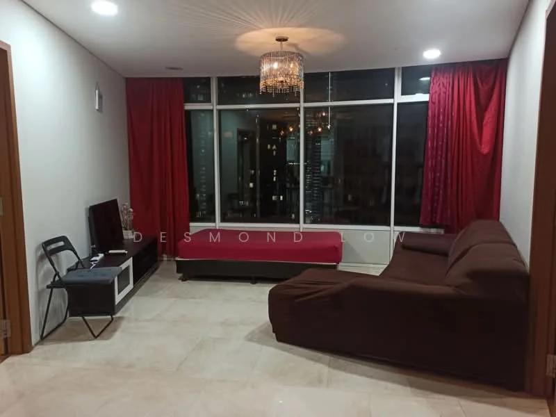 Living features: brown fabric sectional sofa, white TV console, wall-mounted TV, marble tile flooring, red curtains, chandelier with light, floor-to-ceiling windows, city view; style: modern; view: city.