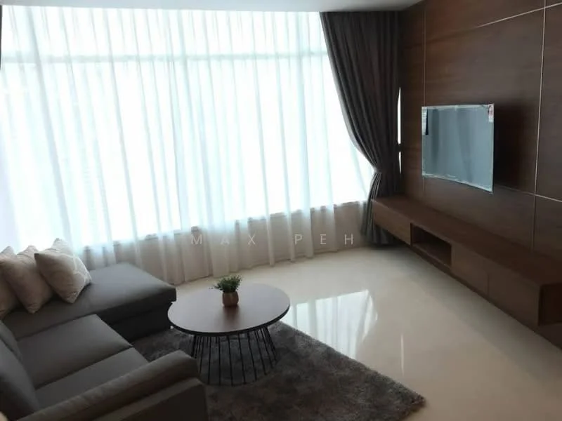Living features: 3-seater fabric sofa in grey, coffee table with black metal base, wall-mounted TV, TV console with storage, floor-to-ceiling windows, sheer curtains, light-coloured marble flooring, wood panel accent wall, decorative plant on coffee table; style: modern.