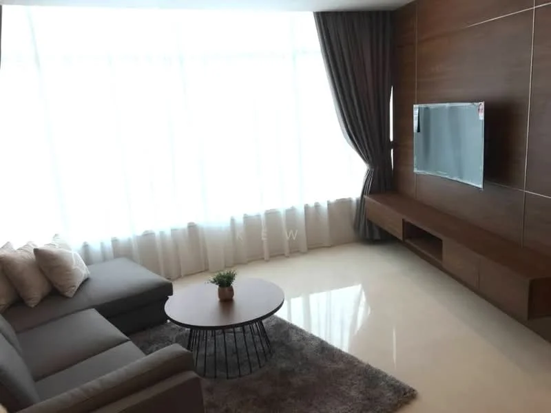 Living features: grey fabric 3-seater sofa, round coffee table with metal base, area rug with plush texture, wall-mounted flat-screen TV, wooden TV console, large floor-to-ceiling windows, sheer curtains, dark wood accent wall, recessed lighting, decorative plant on coffee table; style: modern.
