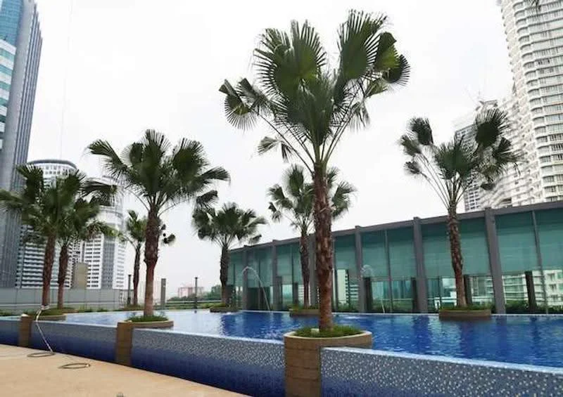 Exterior type: swimming pool deck; features: infinity pool, palm trees, water features, stone-clad pool edge, surrounding glass panels, concrete deck, urban skyline view; style: modern.