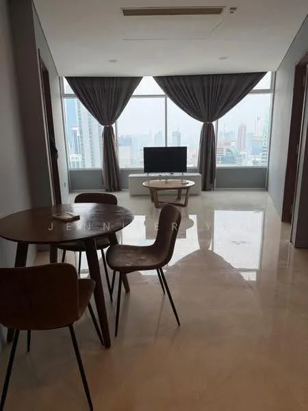 Living features: floor-to-ceiling windows, grey curtains, marble flooring, wall-mounted TV, round coffee table, 4-seater dining table, 4 dining chairs, city view; style: modern; view: city.