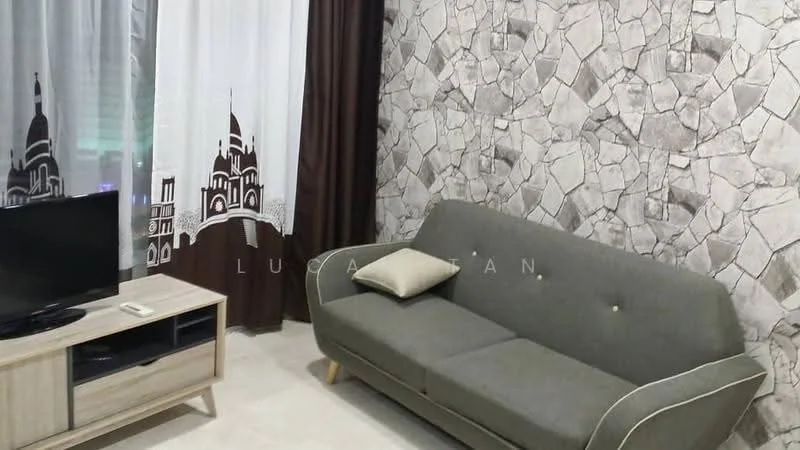 Living features: grey fabric sofa, wooden TV console, wall-mounted TV, stone accent wall, cream painted walls, dark brown curtains, sheer white curtains, light-colored flooring; style: modern.
