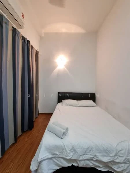 Bedroom features: single bed with black headboard, white bedding, wooden flooring, white painted walls, recessed lighting, 1 wall-mounted air conditioning unit, curtains with blue and grey stripes; style: minimalist.