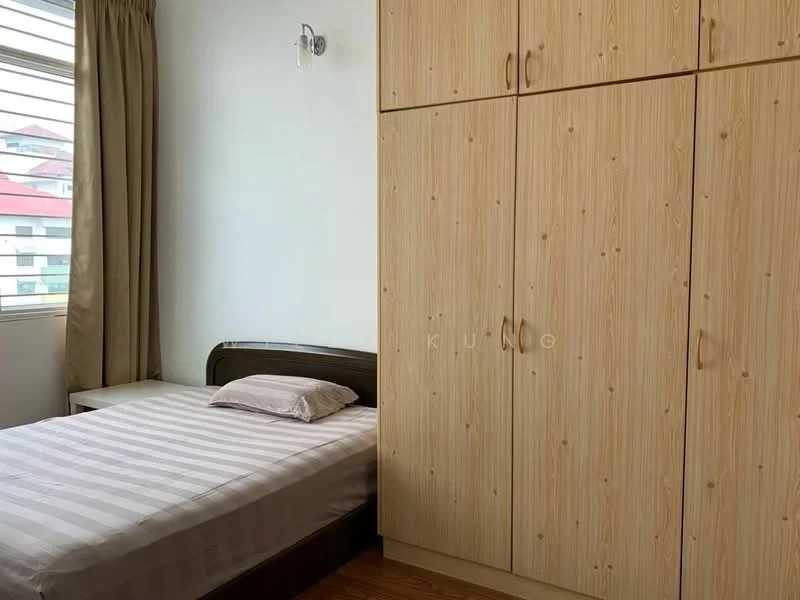 Bedroom features: single bed with light-colored bedding, wooden headboard, built-in wardrobe with light wood finish, striped bed linens, curtains in neutral color, window with horizontal slats, wooden flooring, wall-mounted light fixture; style: minimalist.