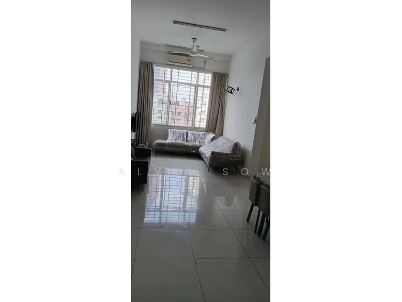 Living features: large floor-to-ceiling window, beige fabric sofa, white walls, white ceiling, recessed downlights, polished ceramic tile flooring, curtains, TV console, coffee table; style: modern; view: city.