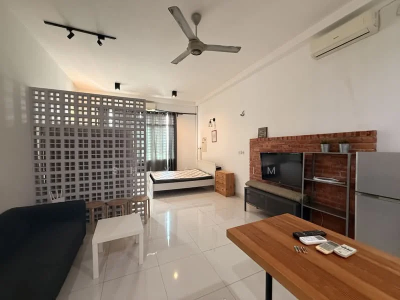 Living features: white painted walls, polished tile flooring, 5-blade ceiling fan, recessed downlights, black sofa, white coffee table, wood dining table, brick feature wall, TV console, stainless-steel fridge, window with sheer curtains, decorative wall art, wooden bedside table; style: modern. Bedroom features: queen-size bed, white bedding, blackout curtains, wooden bedside table; style: modern.