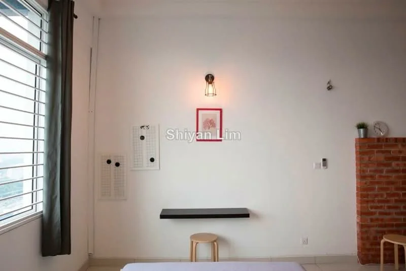 Room features: white painted walls, exposed brick wall, tile flooring, window with horizontal slats, black wall-mounted shelf, decorative wall light, framed artwork, curtains, minimalist decor; style: modern; view: city.
