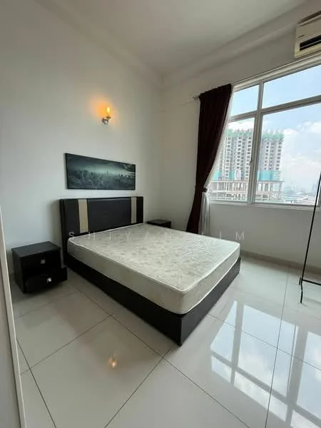 Bedroom features: queen-size bed, upholstered headboard, nightstand with drawer, white walls, large window with city view, curtains in dark brown, wall-mounted sconce light, glossy tile flooring, air conditioning unit; style: modern; view: city.