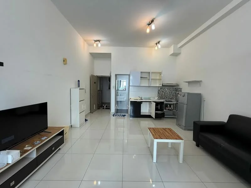 Living features: white painted walls, glossy white tile flooring, recessed downlights, sofa in black, TV console with storage, wooden coffee table, floor-to-ceiling windows, open-plan layout to kitchen, kitchen cabinetry in white, stainless-steel fridge, kitchen countertop with backsplash, kitchen sink, microwave, dining area with chairs; style: modern.