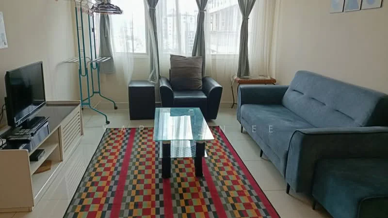 Living features: grey fabric sofa, black leather armchair, glass coffee table, area rug with geometric pattern, TV console, wall-mounted TV, floor-to-ceiling windows, sheer curtains, light-colored painted walls, ceramic tile flooring; style: modern; view: city.