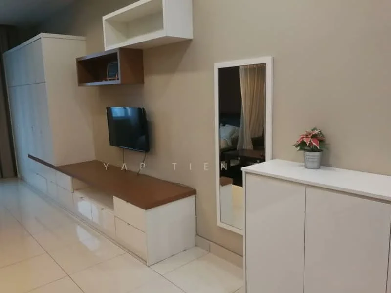 Living features: white painted walls, glossy tile flooring, built-in wall unit with storage, wall-mounted TV, mirror, decorative plant in ceramic pot, light wood console table, open shelving, curtains, seating area visible in background; style: modern.