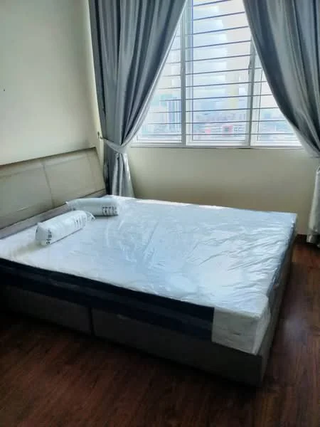 Bedroom features: king-size bed, upholstered headboard, white bed linens, two decorative pillows, wooden flooring, floor-to-ceiling window, grey curtains, natural light, city view; style: modern; view: city.