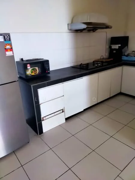 Kitchen features: stainless-steel fridge, black countertop, white cabinetry, built-in gas hob, exhaust hood, microwave, ceramic tile flooring, white tiled walls; style: modern.