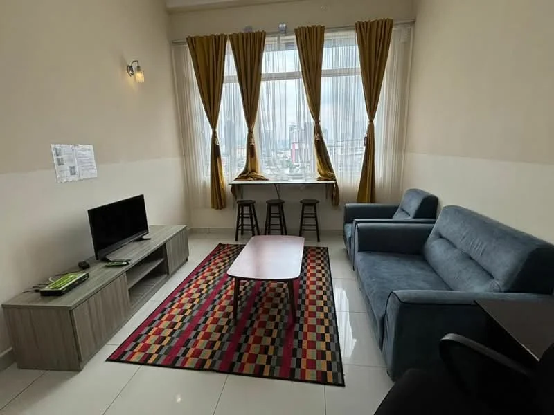 Living features: grey fabric sofa, 3-seater sofa, wood coffee table, TV console, wall-mounted TV, area rug with geometric pattern, floor-to-ceiling windows, sheer curtains, 2 bar stools, desk, white painted walls, glossy tile flooring, recessed downlights; style: modern; view: city.