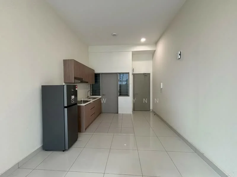 Kitchen features: white painted walls, glossy tile flooring, brown wooden cabinetry, stainless-steel fridge, built-in stove with hood, single-bowl stainless-steel sink, chrome pull-down faucet, countertop with backsplash, window for natural light, recessed downlights; style: modern. Room features: white painted walls, glossy tile flooring, door to hallway, door to unknown room.