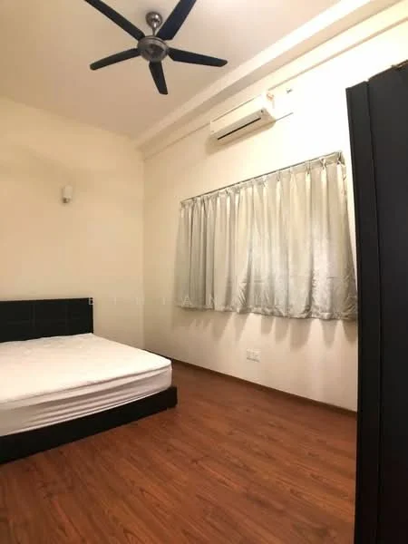 Bedroom features: wooden flooring, white painted walls, ceiling fan, wall-mounted split AC, window with sheer curtains, queen-size bed frame without mattress, built-in wardrobe, light fixture on wall; style: modern.
