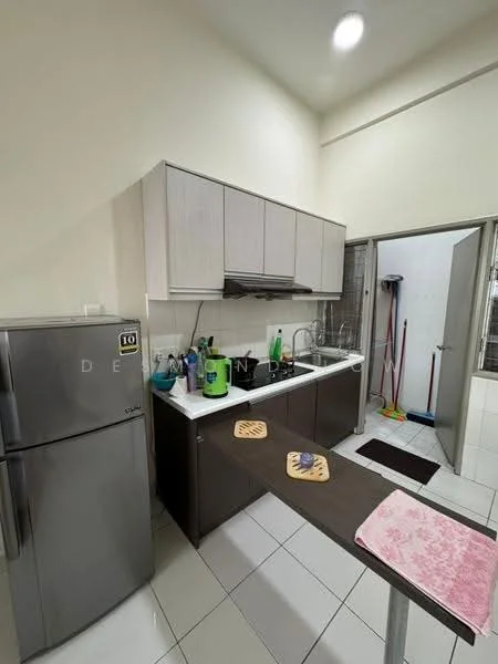 Kitchen features: stainless-steel fridge, white shaker cabinets, laminate countertop, single-bowl stainless-steel sink, chrome pull-down faucet, built-in oven, ceramic tile flooring, recessed downlights, kitchen island with seating, cleaning supplies visible, door leading to utility area; style: modern.