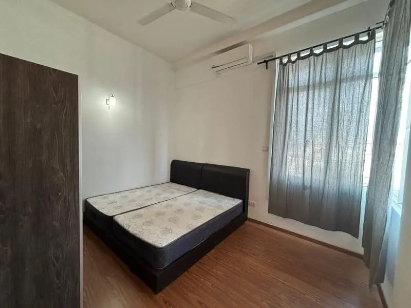 Bedroom features: wooden flooring, white painted walls, ceiling fan, wall-mounted split AC, large window with sheer curtains, double bed frame without mattress, dark wood wardrobe, natural light from window; style: modern.