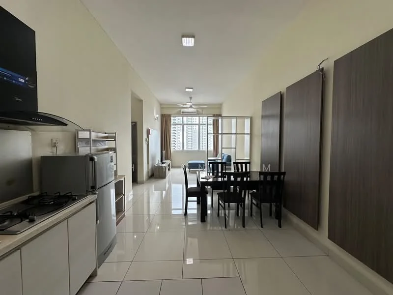 Kitchen features: white cabinets, stainless-steel sink, 4-burner gas hob, built-in oven, stainless-steel fridge, marble countertop, white tiled backsplash, recessed downlights, wall-mounted extractor hood, dining table with 6 chairs, floor-to-ceiling windows, ceramic tile flooring; style: modern; view: city. Dining features: dining table with 6 chairs; style: modern; view: city.