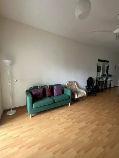 Living features: green fabric sofa with purple cushions, single beige armchair, laminate wood flooring, white painted walls, floor lamp, ceiling fan, mirror, small dining table with chairs; style: modern.