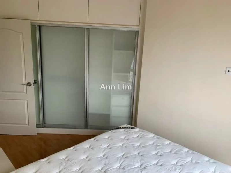 Bedroom features: wooden flooring, built-in wardrobe with sliding glass doors, white painted walls, queen-size bed, window with natural light, light switch, door to hallway.