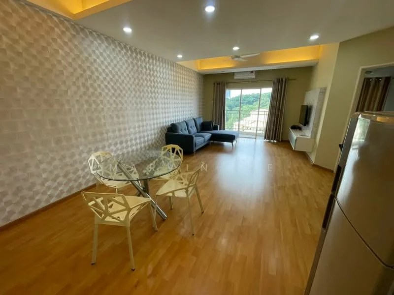 Living features: light wood flooring, white painted walls, accent wall with 3D texture, sofa in grey fabric, coffee table with glass top, TV console, wall-mounted TV, floor-to-ceiling windows, sheer curtains, ceiling fan with light, recessed downlights; style: modern; view: garden.