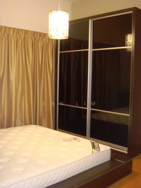 Bedroom features: queen-size bed, upholstered headboard, built-in wardrobe with mirrored doors, cream curtains, pendant light fixture, wooden flooring, decorative wall paneling; style: modern.