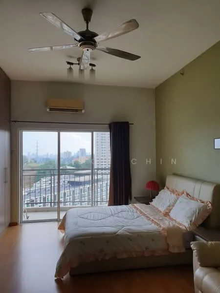 Bedroom features: king-size bed with upholstered headboard, bedding with decorative pillows, 2 bedside lamps, wooden flooring, floor-to-ceiling windows, sliding glass door, curtains, ceiling fan with light, wall-mounted air conditioning unit, decorative wall with green paint, view of city skyline; style: modern; view: city.