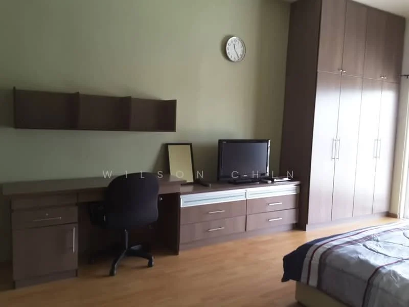 Bedroom features: wooden flooring, green painted walls, built-in wardrobe with sliding doors, desk with drawers, black office chair, wall-mounted TV, shelf above desk, bed with striped bedding, clock on wall, large window with natural light; style: modern.