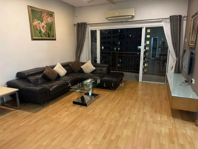 Living features: 3-seater leather sofa in dark brown, 4 decorative cushions, glass coffee table, wooden side table, TV console, wall-mounted TV, laminate flooring, floor-to-ceiling sliding glass door, curtains, ceiling fan, wall-mounted artwork; style: modern; view: city.