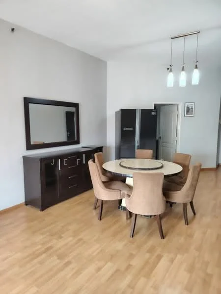 Dining features: round dining table, 8 upholstered dining chairs in beige, wooden sideboard with storage, full-length mirror, stainless-steel fridge, light fixture with 3 pendant lights, laminate flooring, white painted walls; style: modern.