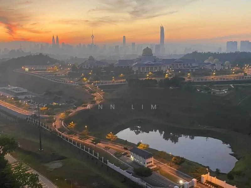 Exterior features: city skyline, water body, roadway, greenery, hills, urban landscape, sunrise, mature trees, lighting along the road; style: modern.