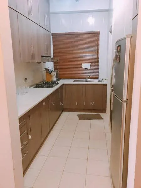 Kitchen features: brown wooden cabinetry, white countertop, stainless-steel sink, chrome pull-down faucet, built-in gas stove, stainless-steel refrigerator, tile flooring, window with wooden blinds, kitchen towel hanging, wall-mounted knife rack, glassware on countertop; style: modern.