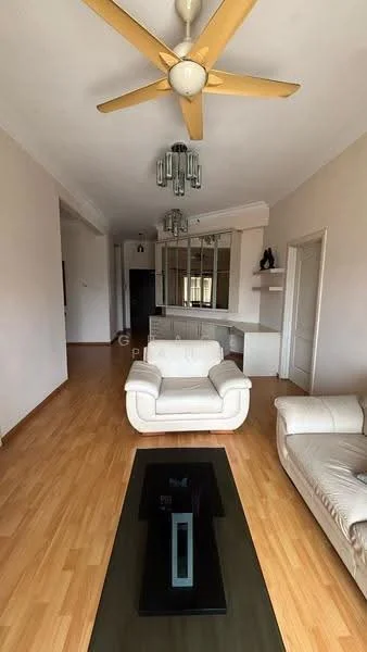 Living features: laminate flooring, white painted walls, 5-blade ceiling fan with light, chandelier with multiple bulbs, 2-seater leather sofa in cream, 3-seater fabric sofa in white, glass coffee table with black base, built-in shelving unit, open layout to kitchen, large windows for natural light; style: modern.