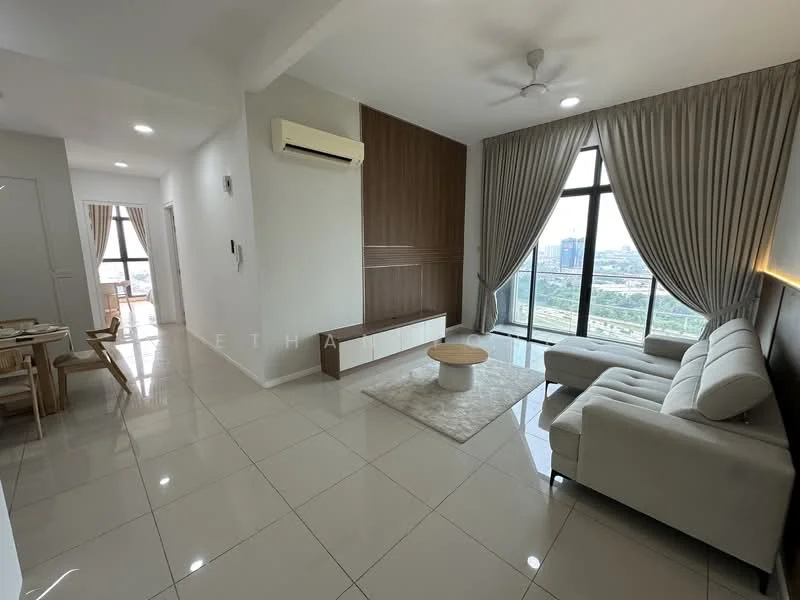Living features: white walls, grey accent wall, large floor-to-ceiling windows, sheer curtains, 5-blade ceiling fan with light, white sectional sofa, round coffee table, area rug, TV console, marble tile flooring, decorative wall lighting; style: modern; view: city. Room features: white walls, marble tile flooring.