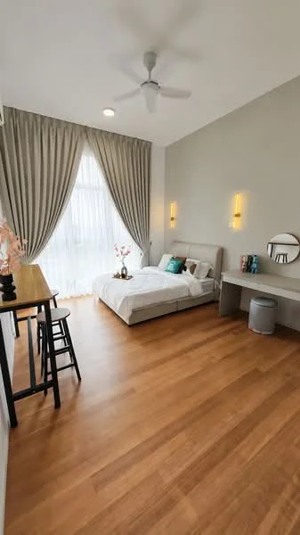 Bedroom features: queen-size bed with upholstered headboard, 2 bedside lamps, wooden flooring, floor-to-ceiling windows with sheer curtains, ceiling fan, study desk, stool, decorative vase with flowers, wall-mounted mirror, built-in wardrobe, light grey painted walls, recessed lighting; style: modern; view: garden.