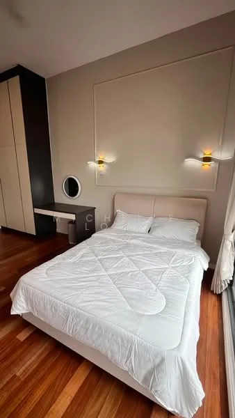 Bedroom features: king-size bed with white bedding, upholstered headboard, wooden flooring, built-in wardrobe with sliding doors, desk with round mirror, wall-mounted sconces, large window with sheer curtains, neutral wall color; style: modern.