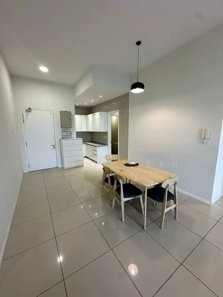 Kitchen features: white cabinetry, stainless-steel appliances, built-in oven, freestanding range oven, double-bowl stainless-steel sink, chrome pull-down faucet, white quartz countertop, ceramic tile flooring, pendant light, recessed downlights, dining table with wooden chairs, open layout, wall-mounted microwave, sliding door to pantry, neutral wall color; style: modern.
