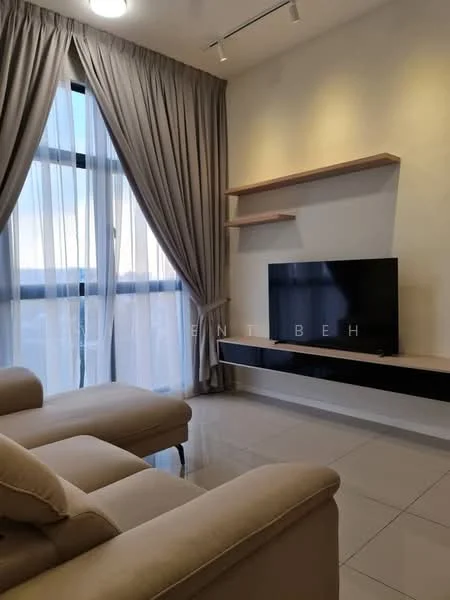 Living features: floor-to-ceiling windows, sheer curtains, light grey walls, cream-colored sofa, 2-seater chaise lounge, wall-mounted TV, floating shelf, recessed ceiling lights, glossy tile flooring; style: modern; view: city.